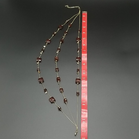 Gold Triple Layered with Amber, Brown, Gold Beads & Orange Rhinestones Necklace - Picture 6 of 6